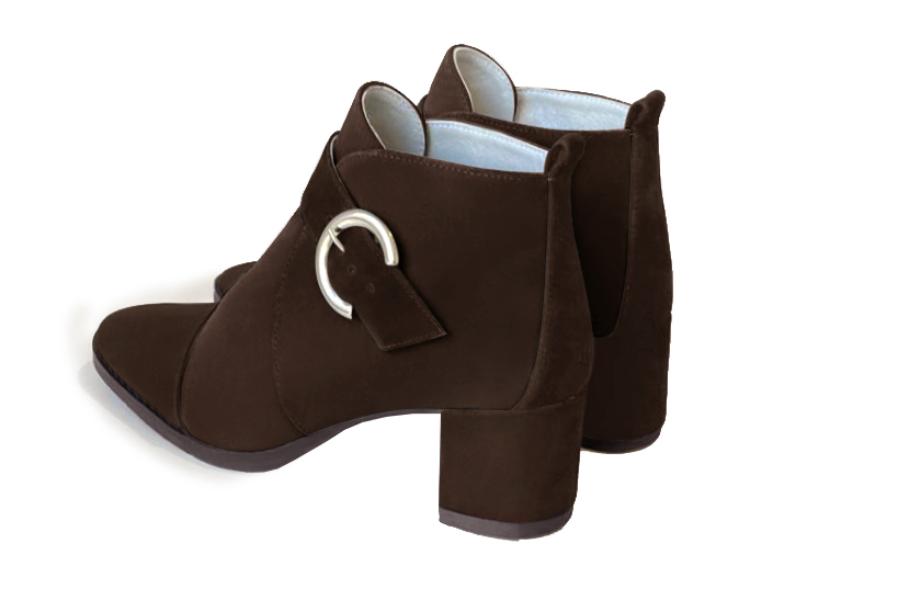 Dark brown women's ankle boots with buckles at the front. Round toe. Medium block heels. Rear view - Florence KOOIJMAN